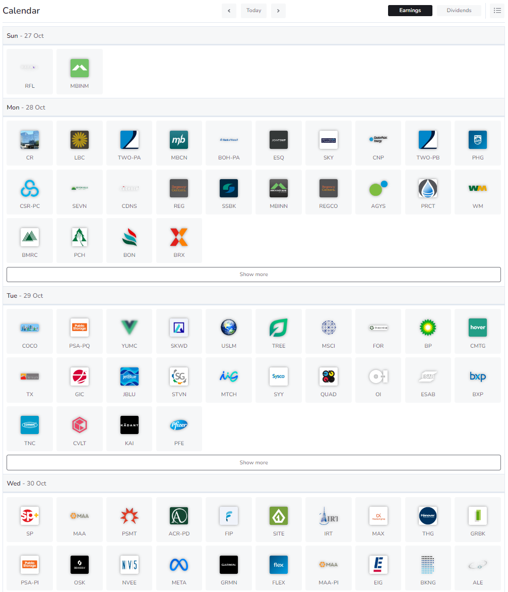 Horizon earnings calendar showing upcoming company report dates